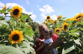Mujer en camiseta roja sonríe mientras sostiene a su bebé, rodeados de girasoles bajo un cielo despejado.