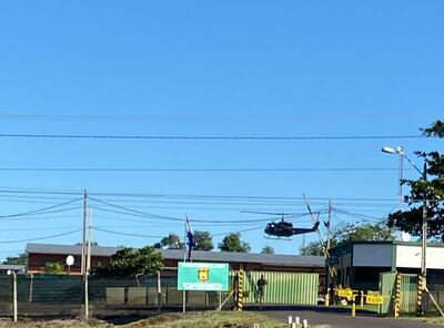 Un helicóptero despegando de la sede del Comando de Operaciones de Defensa Interna en Arroyito, Concepción, el domingo.