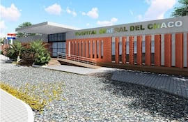 Fachada moderna del Hospital General del Chaco, con la bandera de Paraguay visible y rampa de acceso rodeada de vegetación.