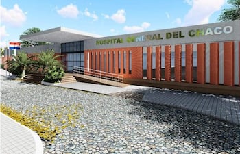 Fachada moderna del Hospital General del Chaco, con la bandera de Paraguay visible y rampa de acceso rodeada de vegetación.