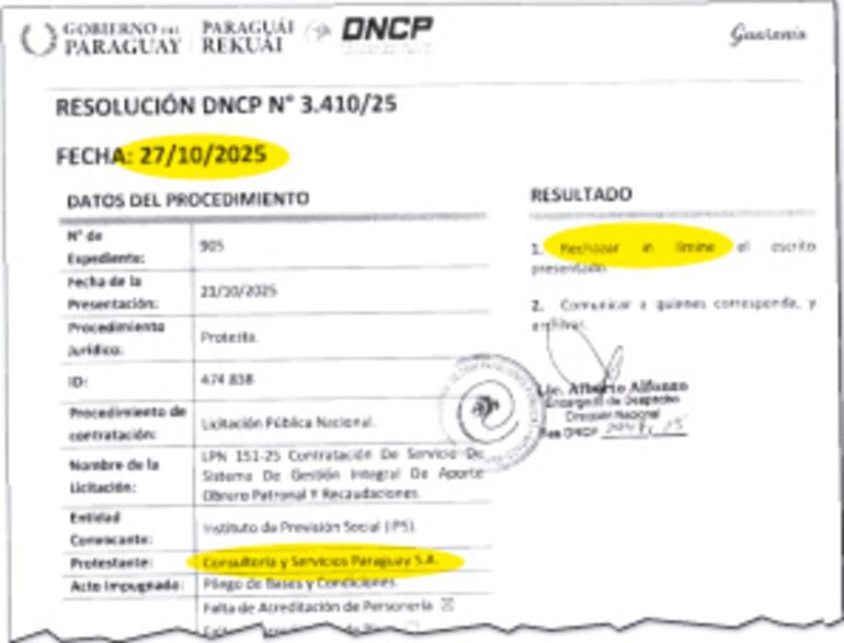 Resolución de la protesta presentada ante la DNCP y resuelta solo un día antes de la llamativa adjudicación del IPS.