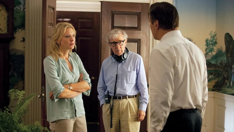 Woody Allen con Cate Blanchett y Alec Bladwin en el set de Blue Jasmine (2013)