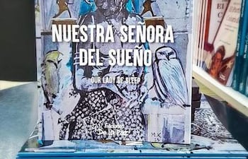 Libro 'Nuestra Señora del Sueño' en primer plano, con colorida ilustración de fondo literario.