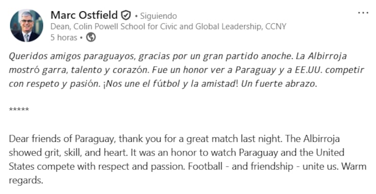 El mensaje del exembajador Marc Ostfield tras el partido entre Paraguay y Estados Unidos en el Mundial.