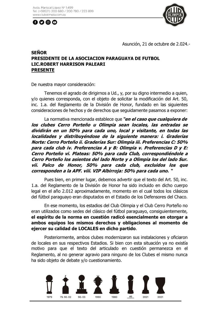 La nota de Olimpia a la Asociación Paraguaya de Fútbol para excluir el 50-50 en los superclásicos.