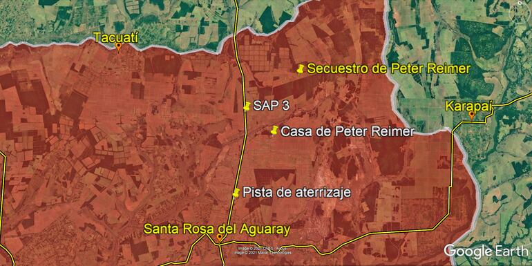 El presidente Mario Abdo Benítez fue en avión ayer a la zona del secuestro. Bajó en una pista de aterrizaje el Grupo Favero. De ahí condujo un vehículo militar por 20 kilómetros hasta la casa de Peter Reimer. Después manejó otros 15 kilómetros hasta la base de la Sub Área de Pacificación 3 (SAP 3) del CODI y luego regresó a la pista de aterrizaje donde abordó el mismo avión para regresar a Asunción.