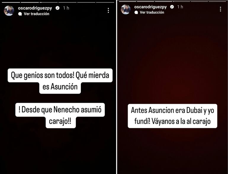 Posteos de Óscar "Nenecho" Rodríguez en sus historias de Instagram.