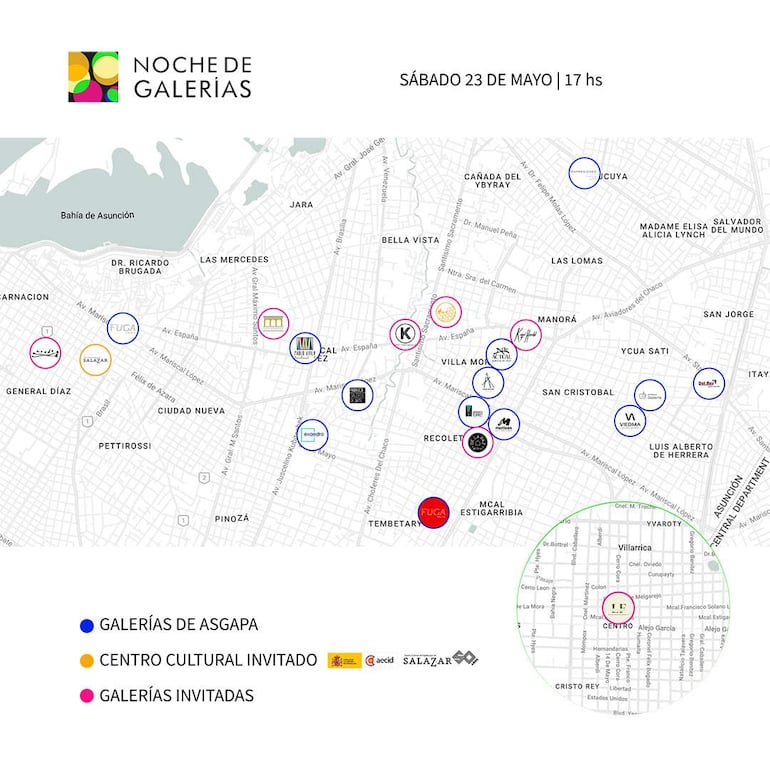 Mapa titulado 'Noche de Galerías' con círculos de colores que indican diversas galerías en Asunción.