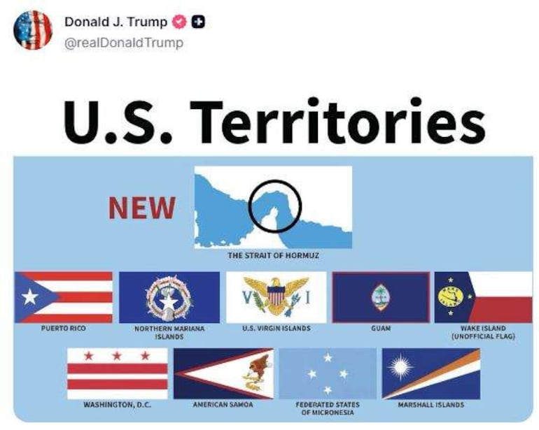 Mapa titulado 'U.S. Territories' con el Estrecho de Ormuz destacado, mostrando una lista de territorios estadounidenses.