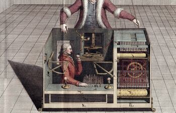 Grabado del folleto de 1789 de Joseph Racknitz sobre los mecanismos ocultos del ajedrecista autómata de William Kempelen, El Turco.