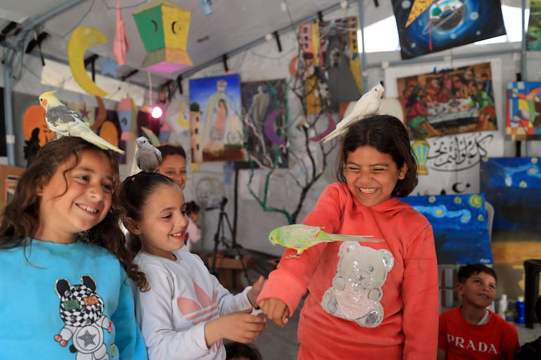 Niños palestinos desplazados participan en sesiones de contención psicológica en un estudio de arte que utiliza mascotas y aves para ayudar a los niños, en la zona de Al-Zawaida, en el centro de la Franja de Gaza, el 21 de abril de 2026.
