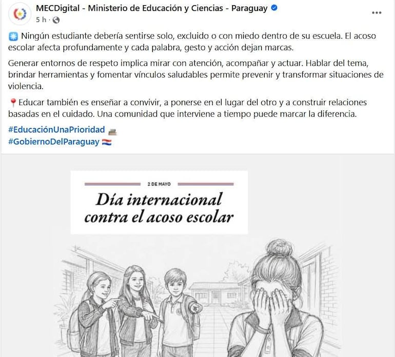 Una de las publicaciones del MEC en el Día Mundial contra el Acoso Escolar.