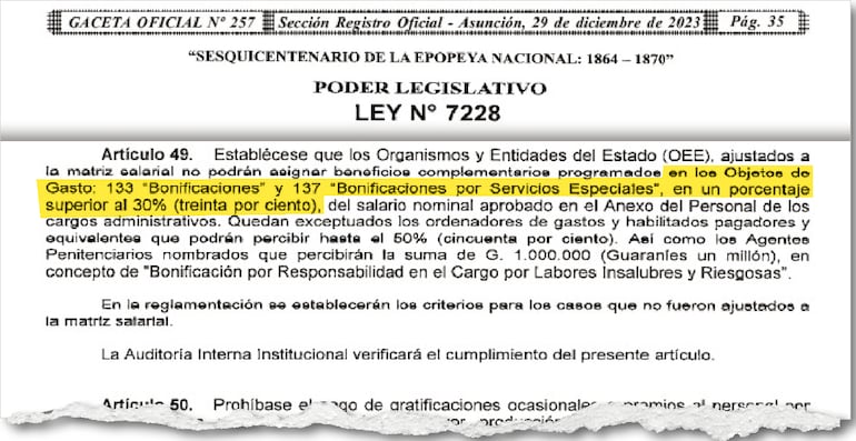 El Art. 49 de la Ley N° 7228 por el cual se aprobó el PGN 2024  mantenía las restricciones para el pago de  bonificaciones a todos los funcionarios públicos.