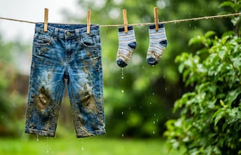 Concepto de ropa mojada en el tendedero del patio un día de lluvia.