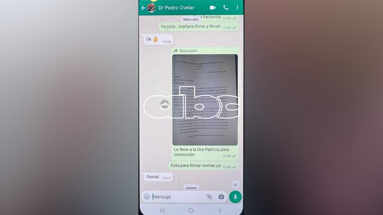 Conversacion entre Pedro Ovelar, abogado de Horacio Cartes y el fiscal Aldo Cantero