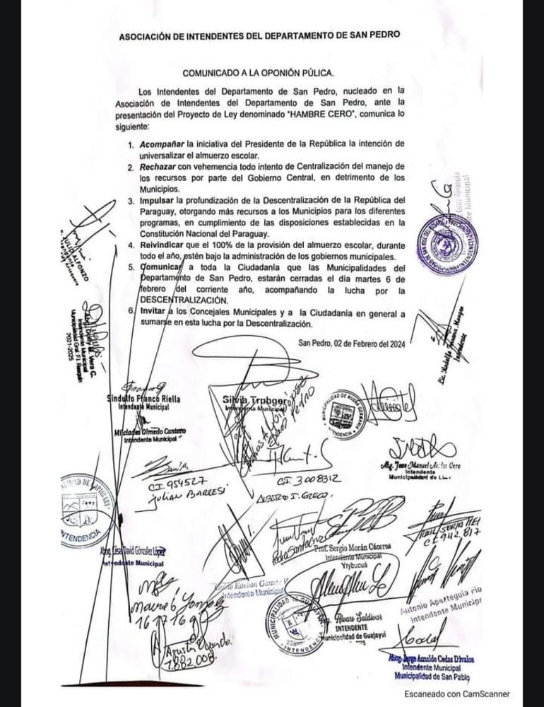 Comunicado de la Asociación de Intendentes de San Pedro donde anuncian la decisión de los diferentes jefes distritales