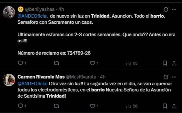 Conversación en Twitter sobre cortes de luz en Trinidad. Usuarios comparten quejas sobre problemas de tráfico y electrodomésticos dañados.