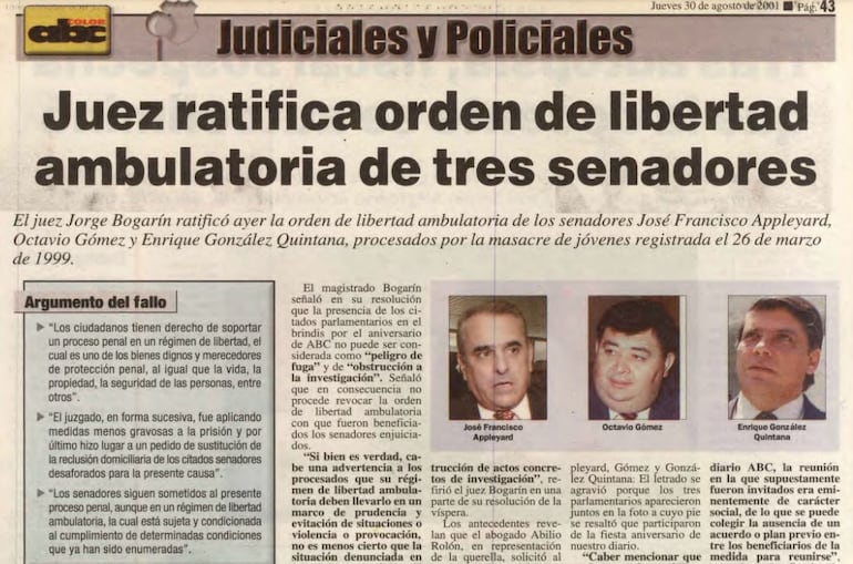 Crónica sobre la libertad ambulatoria para los senadores Enrique González, Octavio Gómez y Francisco Appleyard.