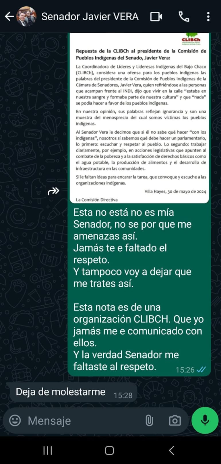 Espínola le aclara que la nota sobre Vera no corresponde a ella. (gentileza).