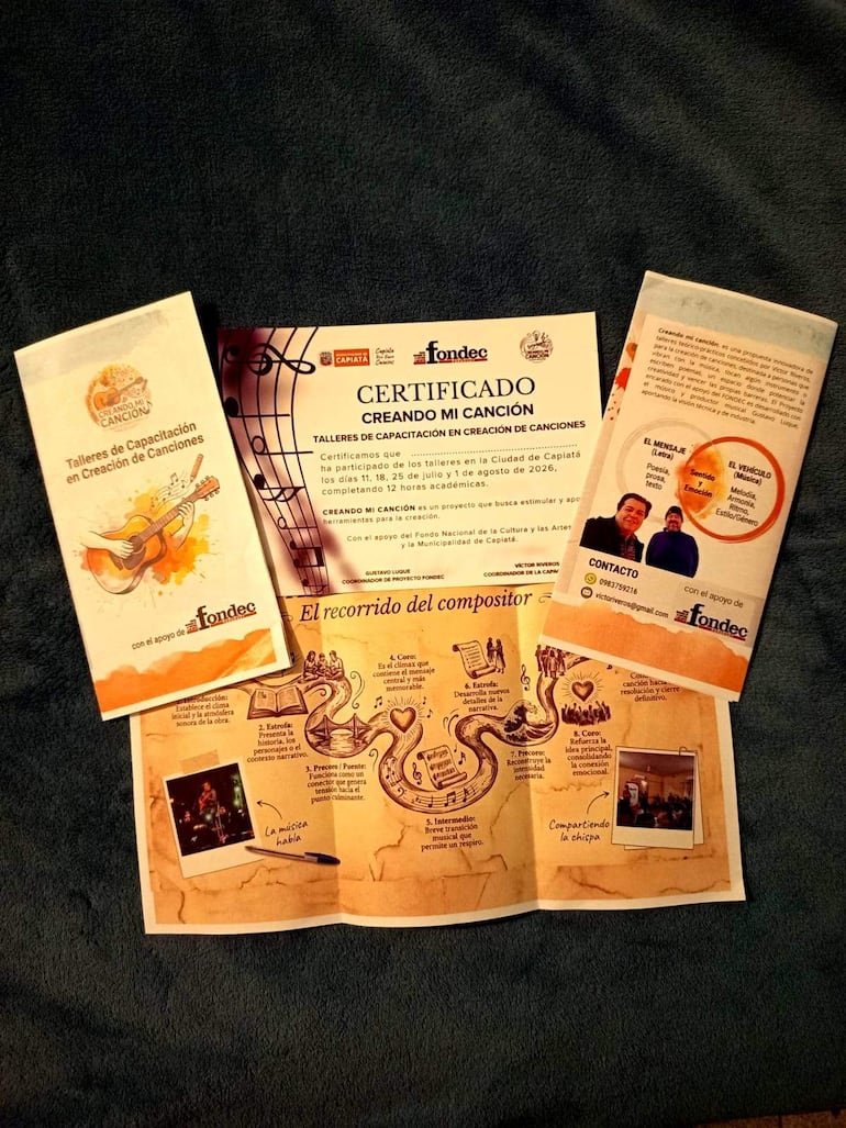 Certificados y folleto sobre talleres de creación de canciones en fondo textil azul, sin personas presentes.