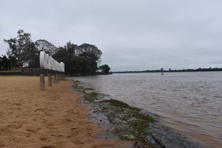 Crecida del río Paraná arrastra parte de las algas hacia la orilla de la playa San José Mí de Ayolas.