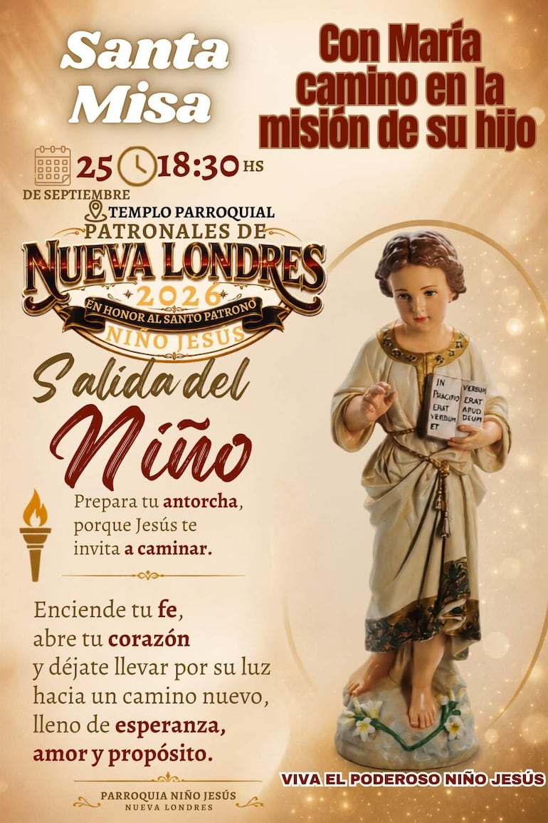 Cartel publicitario destaca la Santa Misa para el Niño Jesús, con estatua del santo y fondo claro y dorado.