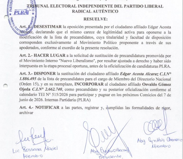 Resolución del Tribunal Electoral del PLRA en el caso de Edgar Acosta.