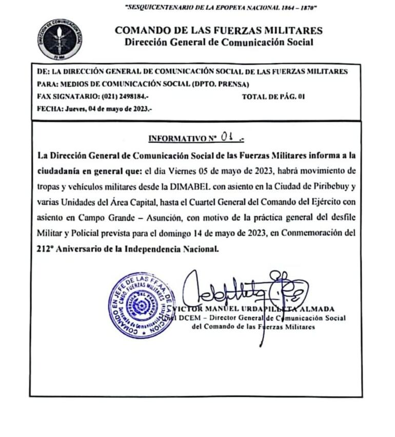 Comunicado publicado por el Comando de las Fuerzas Militares.