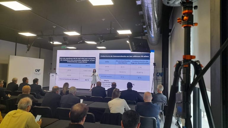 Mujer de pie en vestido blanco gesticula mientras presenta, rodeada de hombres sentados que observan la pantalla con gráficos importantes.