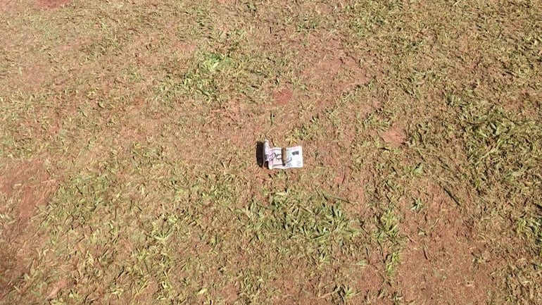 El suelo muestra pasto y tierra, con un documento parcialmente visible y un objeto no identificado.