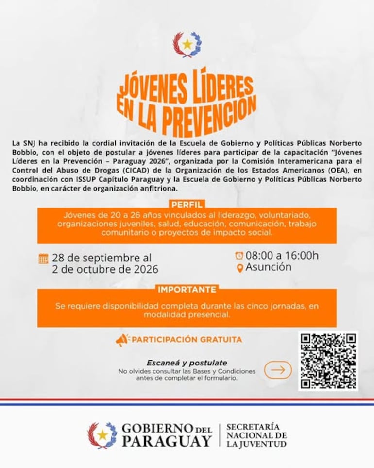 Convocatoria abierta: Jóvenes Líderes en la Prevención – Paraguay 2026
