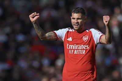El mundialista brasileño Bruno Guimarães Rodrigues Moura (28 años), en el festejo de su gol para el Arsenal.