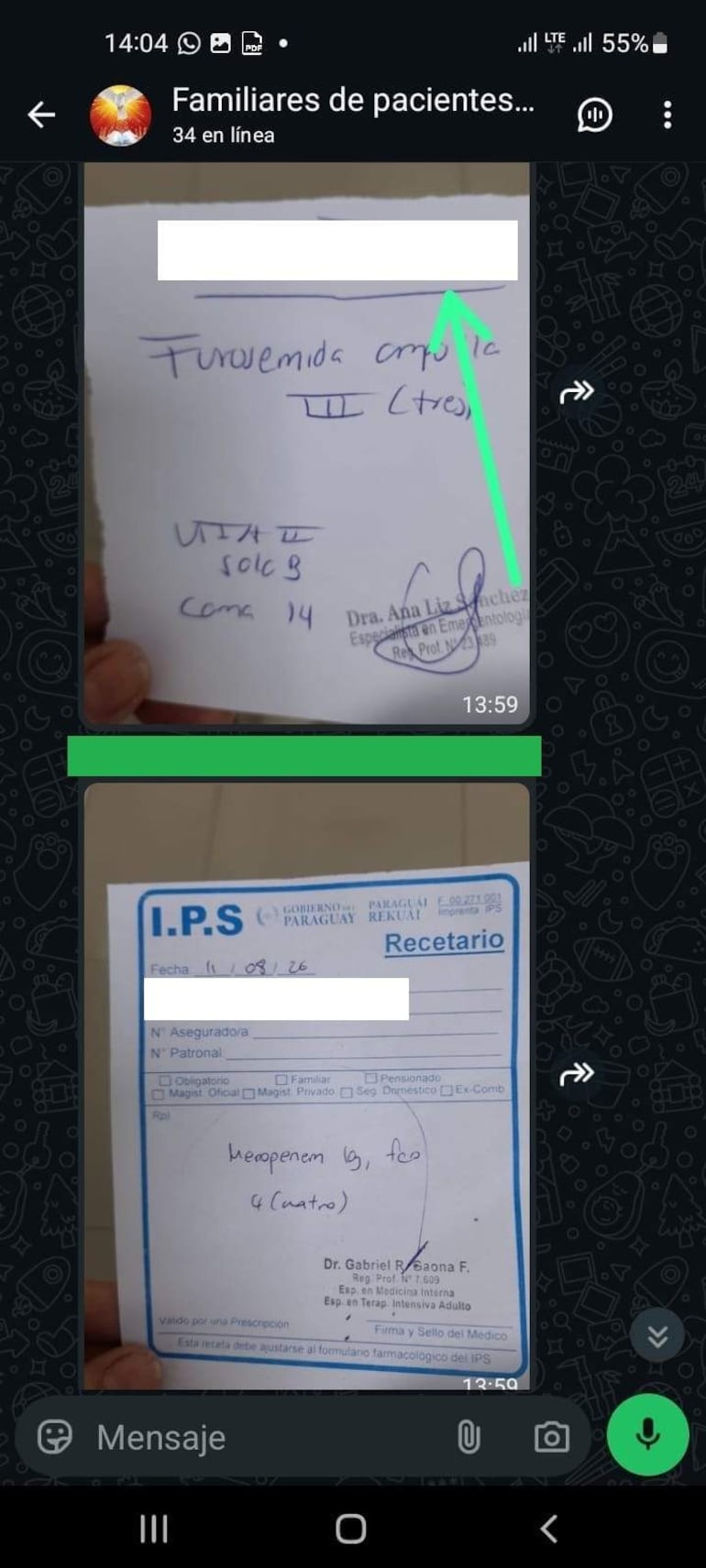 Pantalla de teléfono con mensaje sobre disponibilidad de fármacos y nombres de médicos implicados.