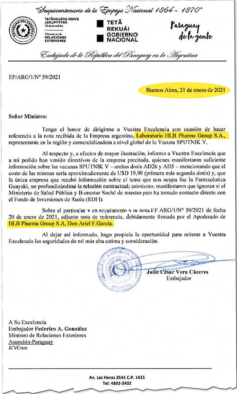 La carta remitida señala explícitamente detalles del contacto con el laboratorio HLB Pharma.