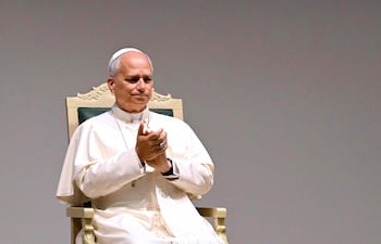 Pope Leo XIV sits on stage during a visit at the Headquarters of World Food Programme (WFP), in Rome on June 26, 2026. (Photo by Andreas SOLARO / AFP)