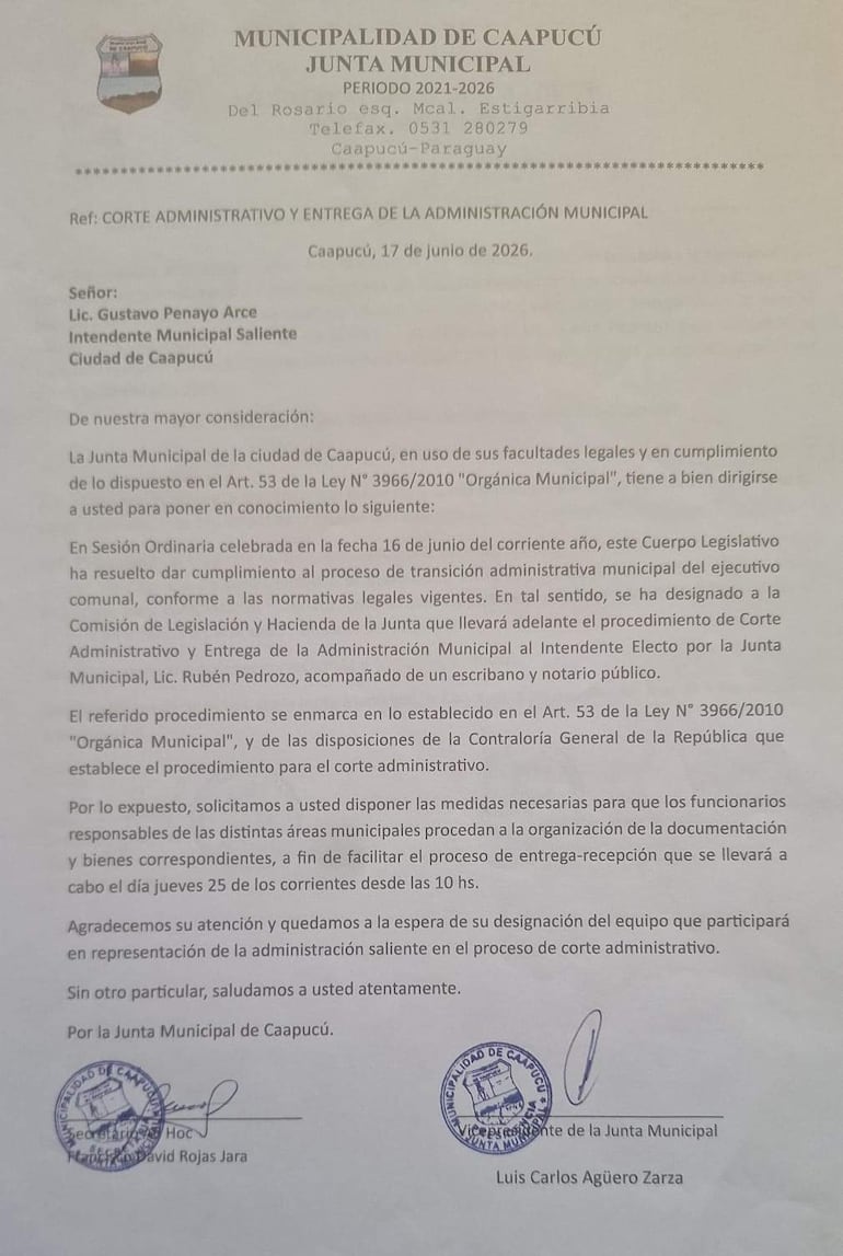 electo intendente interino Rubén Pedrozo(ANR) comunicó al intendente renunciante Rubén Pedrozo(ANR-HC) sobre el corte administrativo en la Municipalidad de Caapucú.