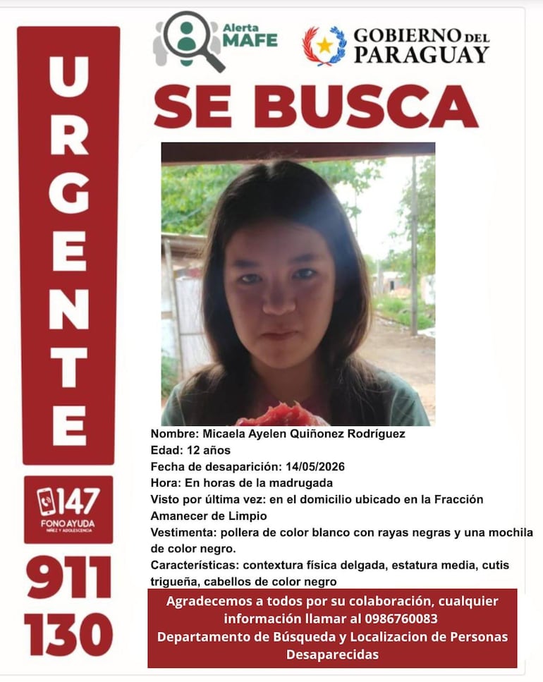 Alerta MAFE difundida este 14 de mayo para buscar a Micaela Quiñónez.