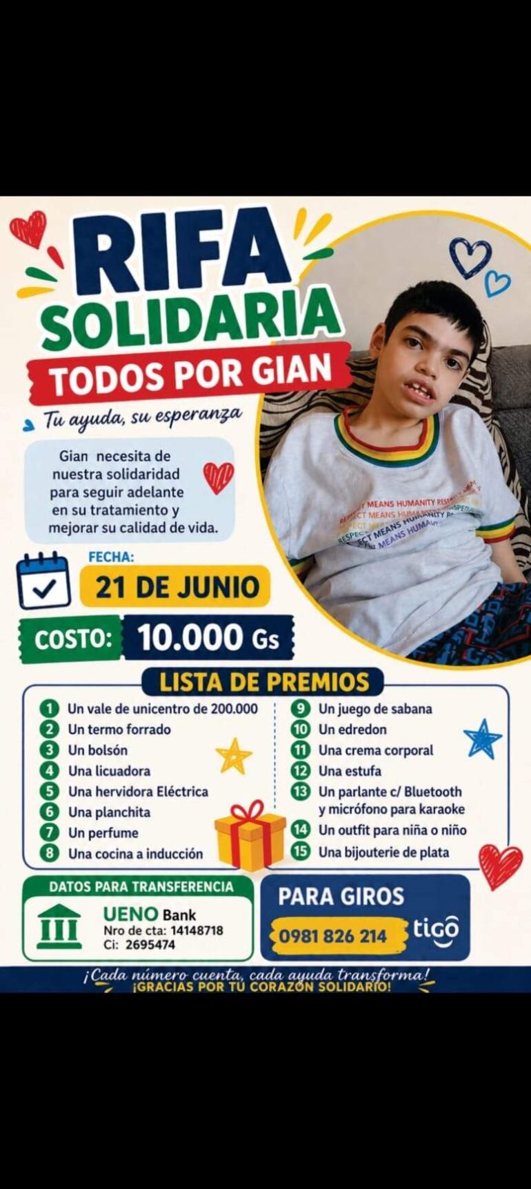 Cartel colorido sobre rifa solidaria, con imagen de un niño sonriente y detalles de premios y costos.