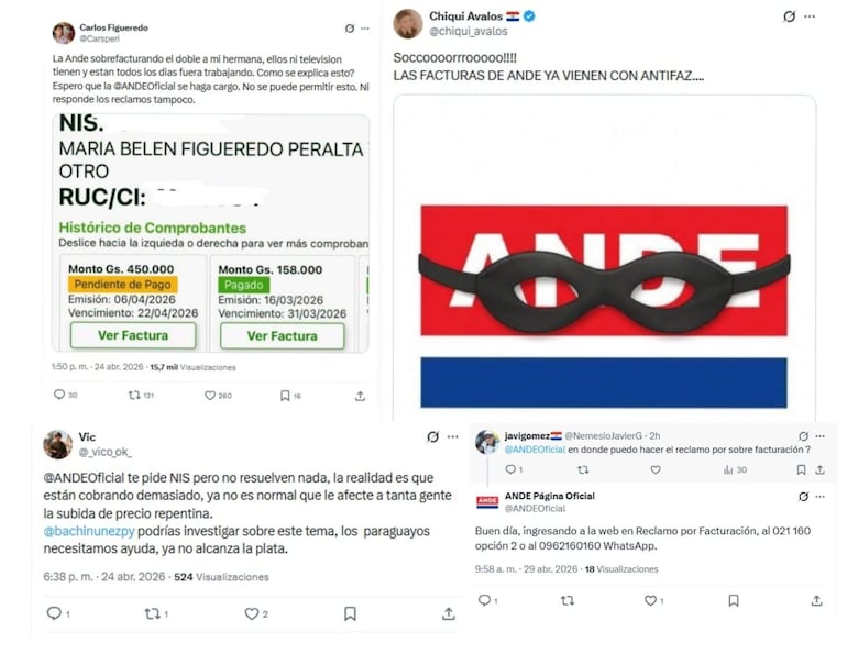 Mensajes de Twitter de Carlos Figueredo y Chiqui Avalos reclamando sobrefacturación a la ANDE, con logos y montos visibles.