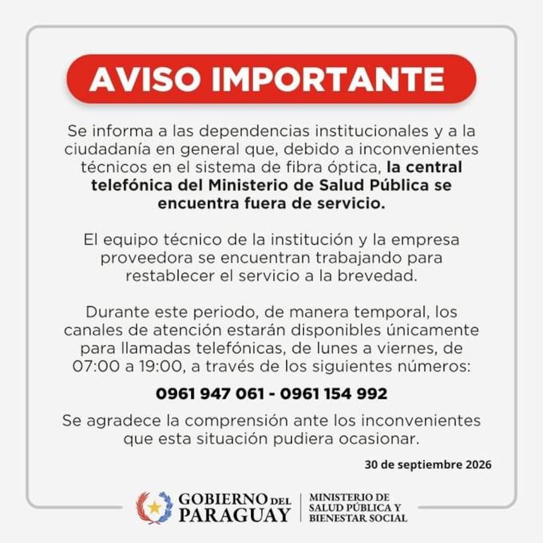 Aviso importante del Ministerio de Salud Pública sobre fallas en la central telefónica, con información de contacto en texto claro.