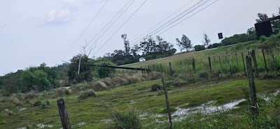 Paisaje rural inundado con hierba alta y un vehículo blanco en camino pavimentado, rodeado de postes de cerca y árboles.