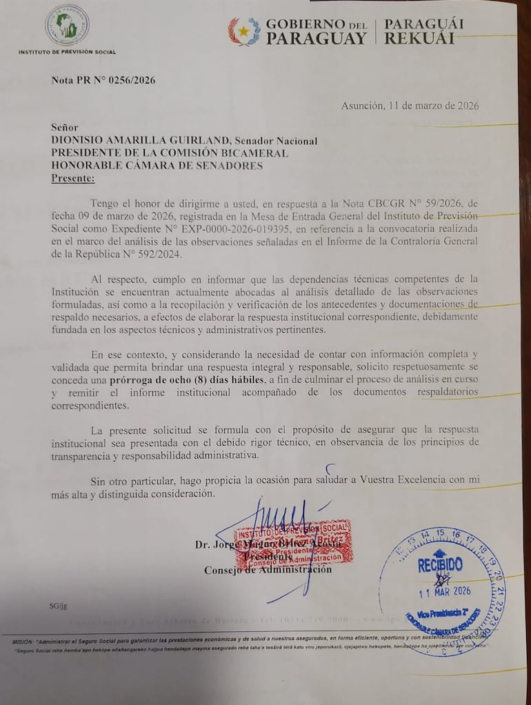 Nota excusatoria del titular del Instituto de Previsión Social (IPS), Jorge Brítez.