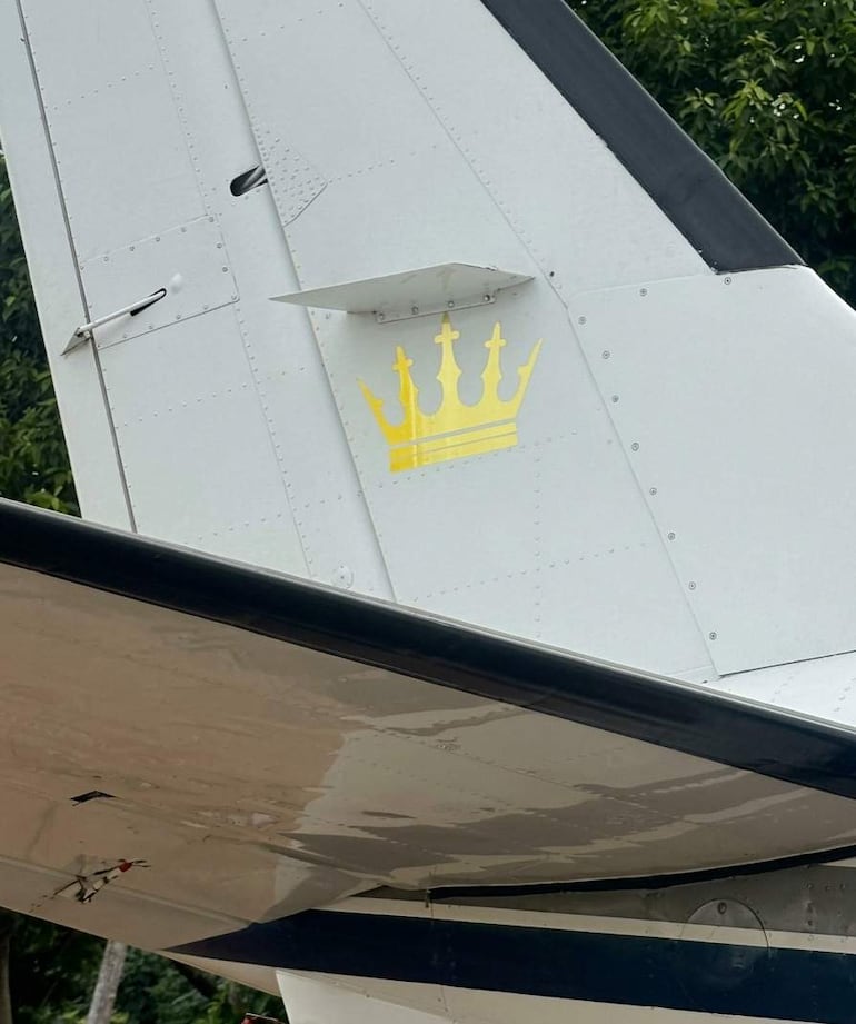 Ala trasera de un avión Beechcraft King Air con diseño de corona amarilla, rodeada de árboles verdes en un ambiente exterior.