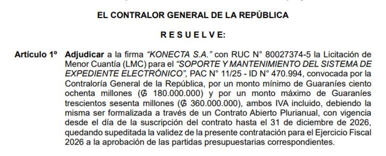 La adjudicación a Konecta fue el pasado mes de agosto, por un monto máximo de G. 360 millones.