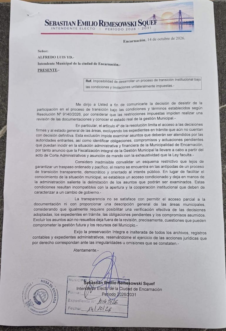 Documento oficial con encabezado de Sebastián Remesowski, sin personas visibles, en un ambiente formal y administrativo.