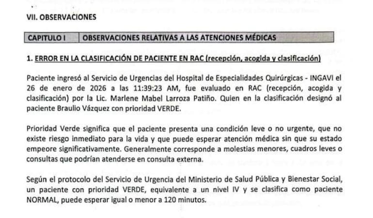 Página con texto sobre las observaciones médicas y error en la clasificación del paciente Braulio Vázquez.