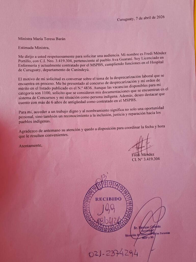 Fredi Mendez Portillo solicita audiencia a la Ministra María Teresa Barán sobre la desplecarización laboral en el sistema de salud.