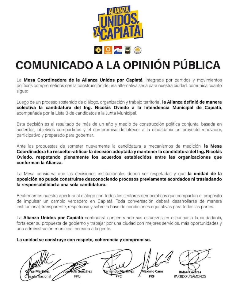 Comunicado de la Alianza Unidos por Capiatá integrada por Cruzada Nacional, Patria Querida, Participación Ciudadana, el PRF y Unámonos.