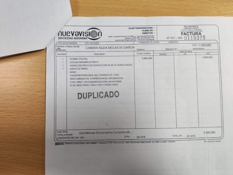 Factura de electrodomésticos de compra  de Nueva Visión S.A.