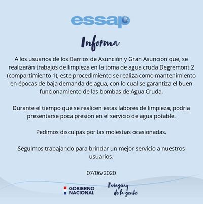 Essap anuncia baja presión del servicio de agua